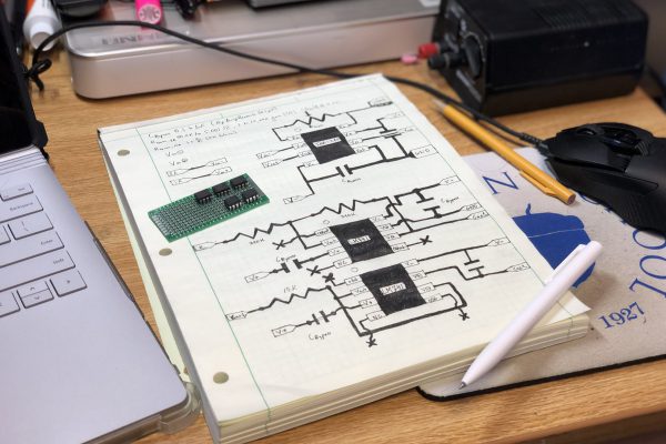 Schematic of generic electromyogram analog front end with adjustable gain.